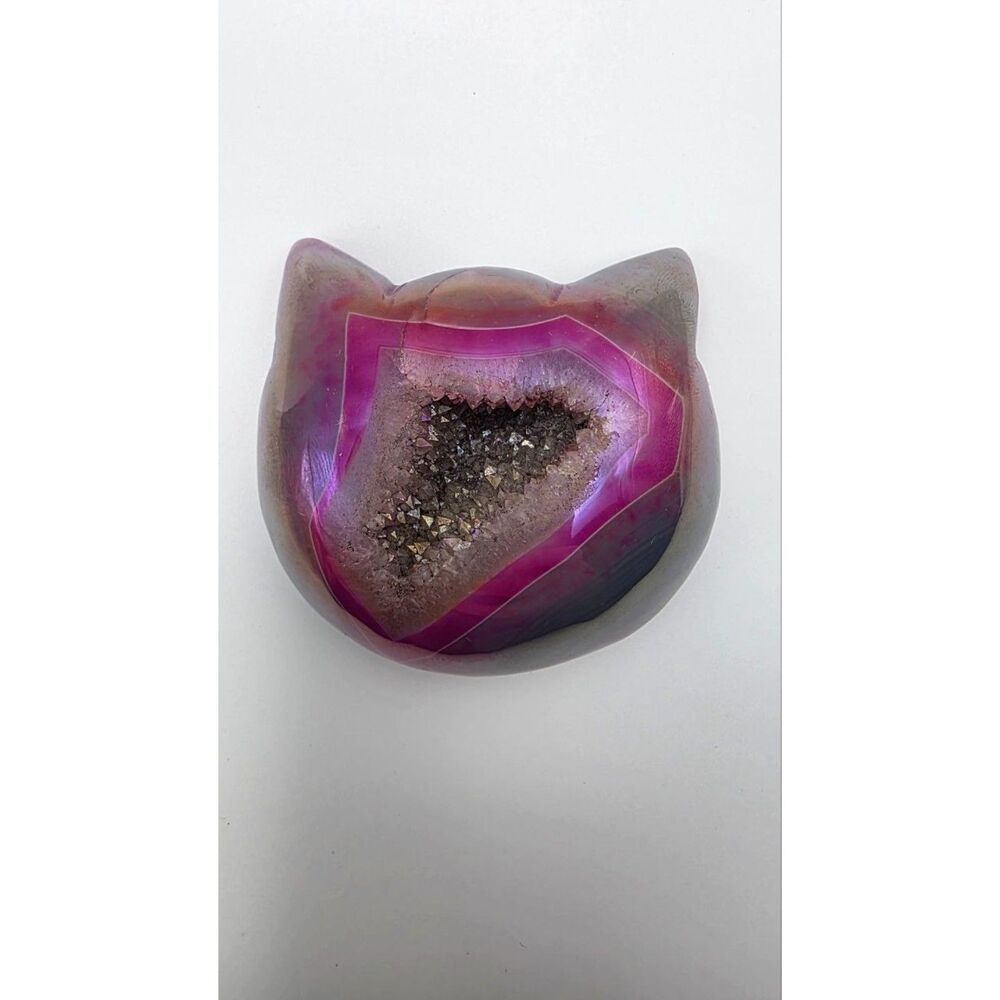 Pink Purple Cat Head Druzy Agate Crystal Geode Carving Decor